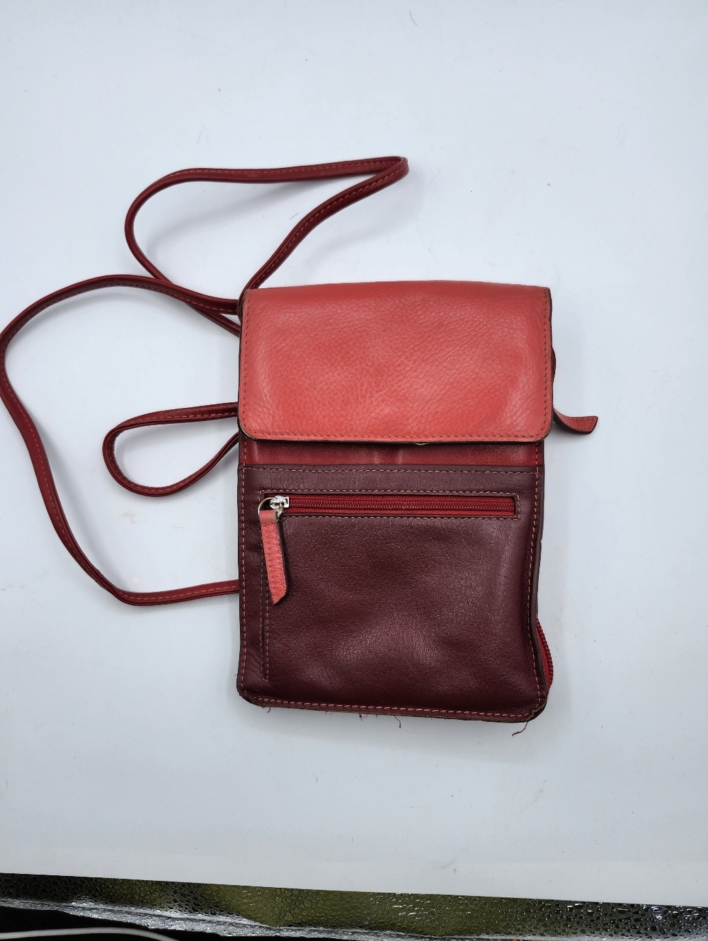 Two-Tone Leather Red Compact Crossbody Bag with Front Zip